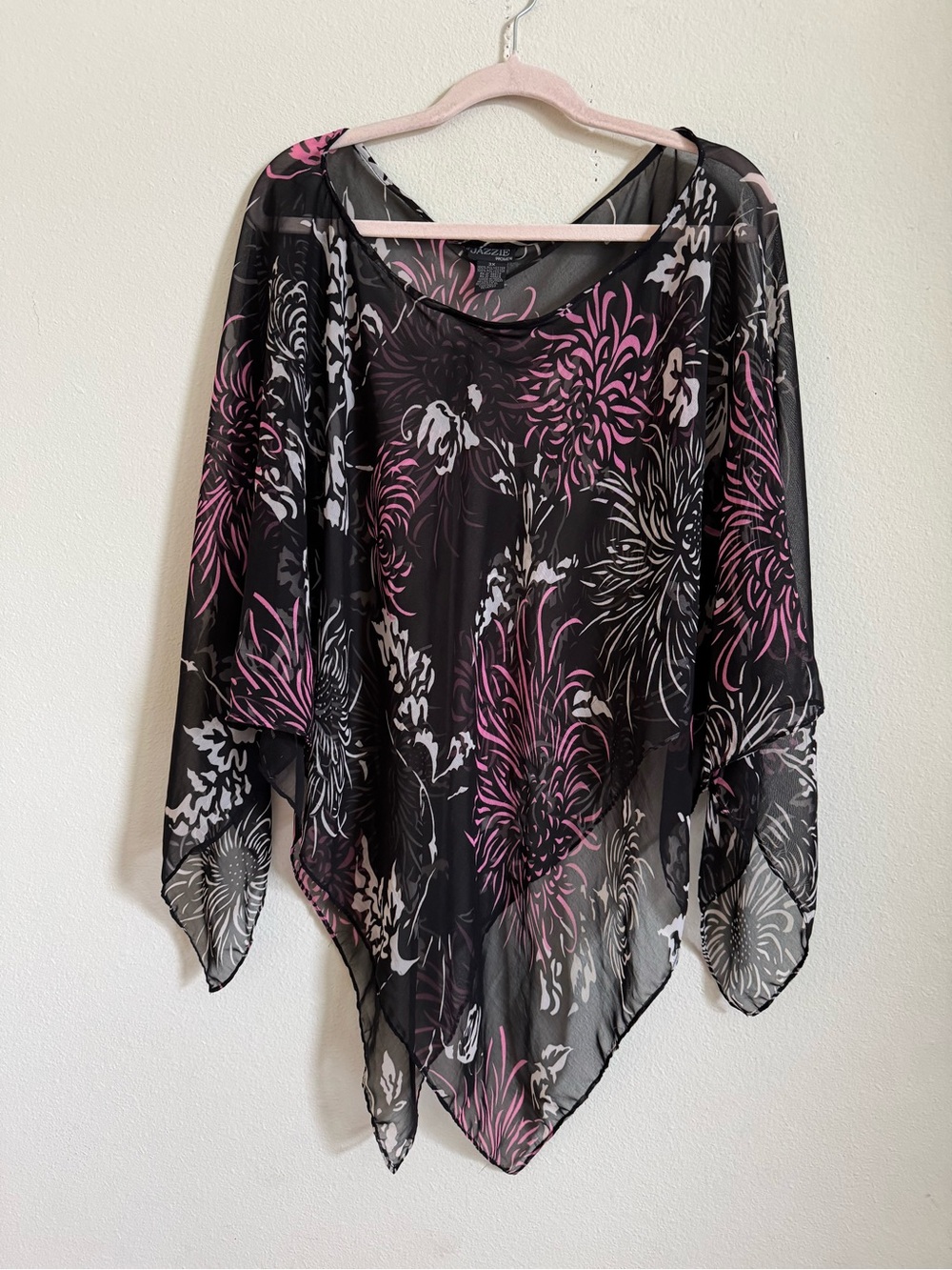 Vintage Y2K Black Sheer Floral Lightweight Poncho Top Pink White size 3XL